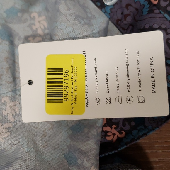 (M) NWT La Mode Gray & Teal Abstract Button-Front V-Neck Top Business Casual - Picture 4 of 10